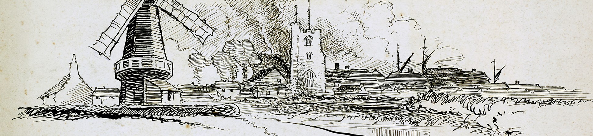 Line-drawn archive illustration showing a windmill, a river and a church tower