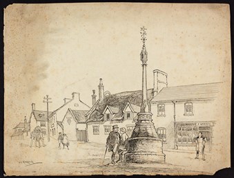 Line-drawn archive illustration showing a village cross with people in the street