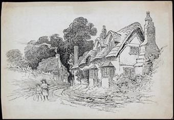 Line-drawn archive illustration showing two children walking along a country lane with cottages