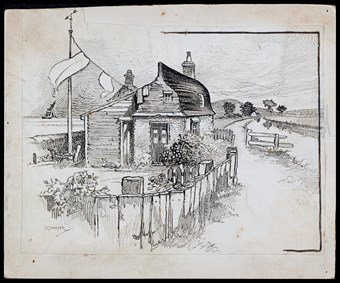 Line-drawn archive illustration showing a cottage made partly from an upturned boat