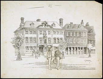 Line-drawn archive illustration showing two men talking in a town square