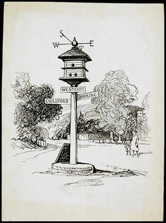 Line-drawn archive illustration showing a woman and child looking up at a post marked Westcott just below a small thatched dovecote surmounted by a weathervane. Road signs attached to the side of the post point towards Guildford and Dorking.