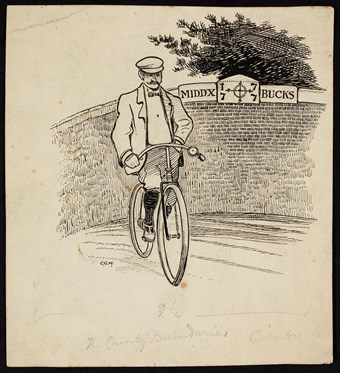 Line-drawn archive illustration showing a man on a bicycle in front of a sign marking the county boundary between Middlesex and Buckinghamshire