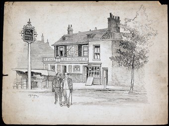 Line-drawn archive illustration showing two men standing in front of a public house.