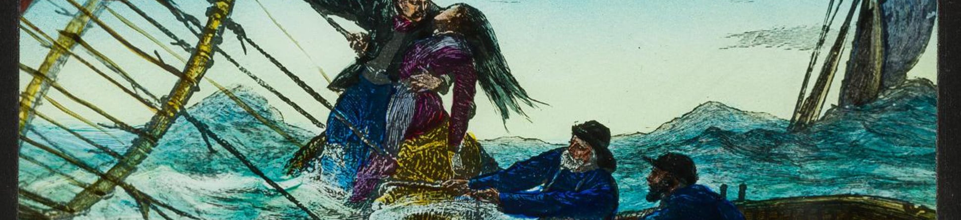 A hand-coloured decorative slide showing an engraving of French aeronauts Jules and Caroline Durouf being rescued  after their balloon landed in the North Sea.