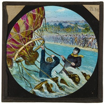 A hand-coloured slide of an engraving showing two figures in the basket of a balloon which has ditched into the sea