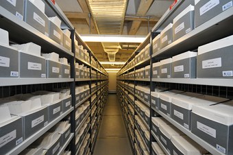 Photograph of the interior of a building with steel racking holding ranks of grey archive boxes.