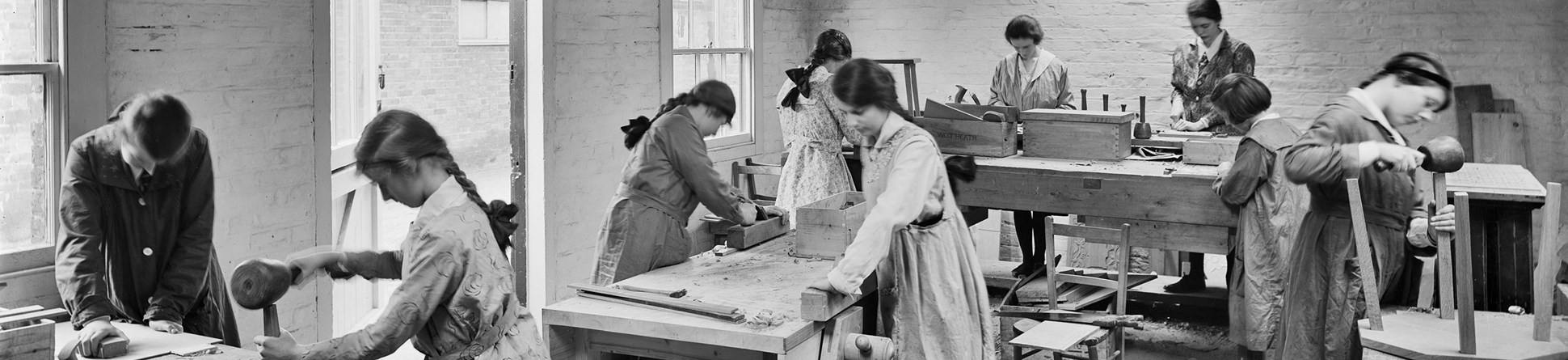 Pupils in a carpentry class at the West Heath School for Young Ladies, London, in 1923.