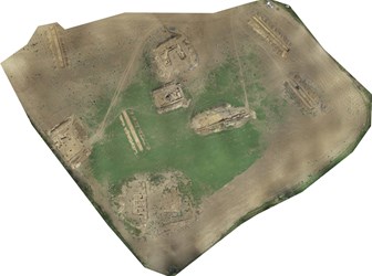 A photo mosaic of aerial photographs with archaeological remains including foundations of buildings.