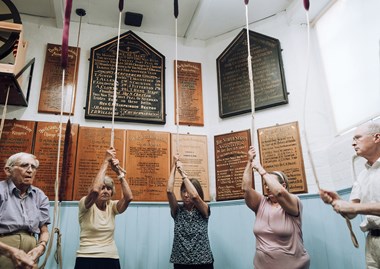 A group of bellringers concentrates on ringing bells.