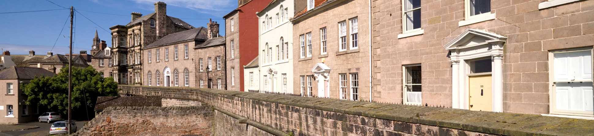 View of houses along quay walls in Berwick-upon-Tweed.