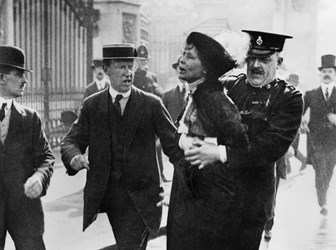 Mrs Emmeline Pankhurst, Leader of the Women's Suffragette movement, is arrested outside Buckingham Palace while trying to present a petition to King George V in May 1914.