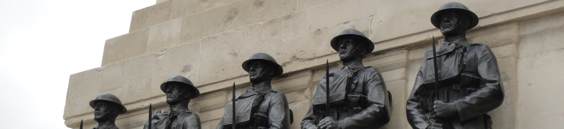 Statues of five guardsmen on the Guards Memorial by Horse Guards Parade, Westminster. It was unveiled in 1926 and commemorates the 14,000 Guardsmen who died in the First World War.