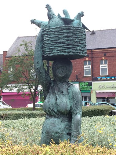 Now Grade II listed - Market Woman by Hans Schwarz, 1966. Junction of High Street West and Station Road, Wallsend. © Historic England