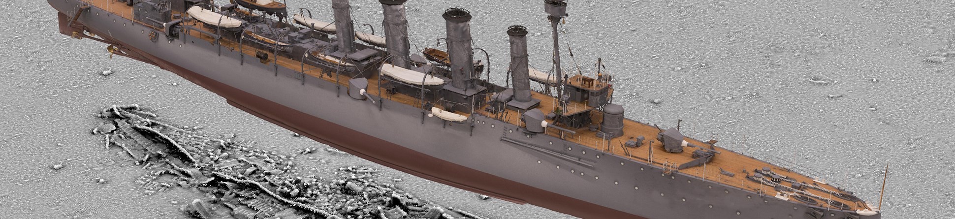 A 3D scan of HMS Falmouth by Historic England's imaging team superimposed on a seabed survey of the wreck. The survey was carried out in partnership with the Maritime and Coastguard Agency © Historic England