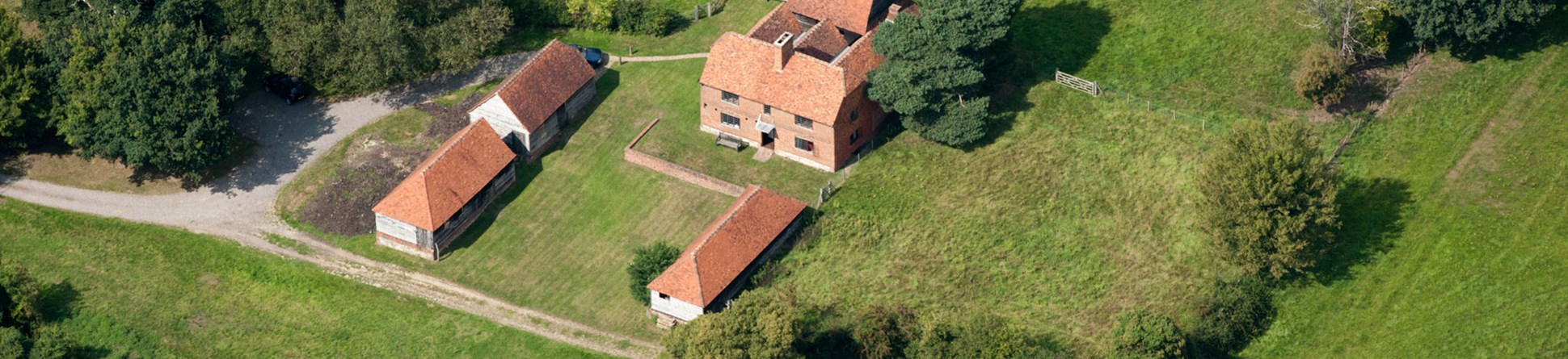 Aerial view of farm buildings.