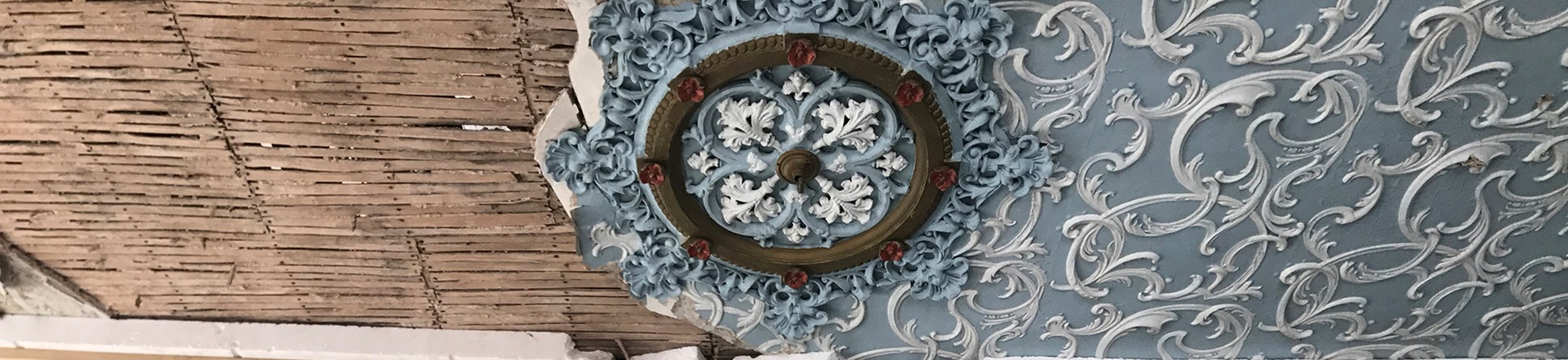 Victorian ‘Lincrusta’ wallpaper on the ceiling of the Blue Room, photographed during repairs.