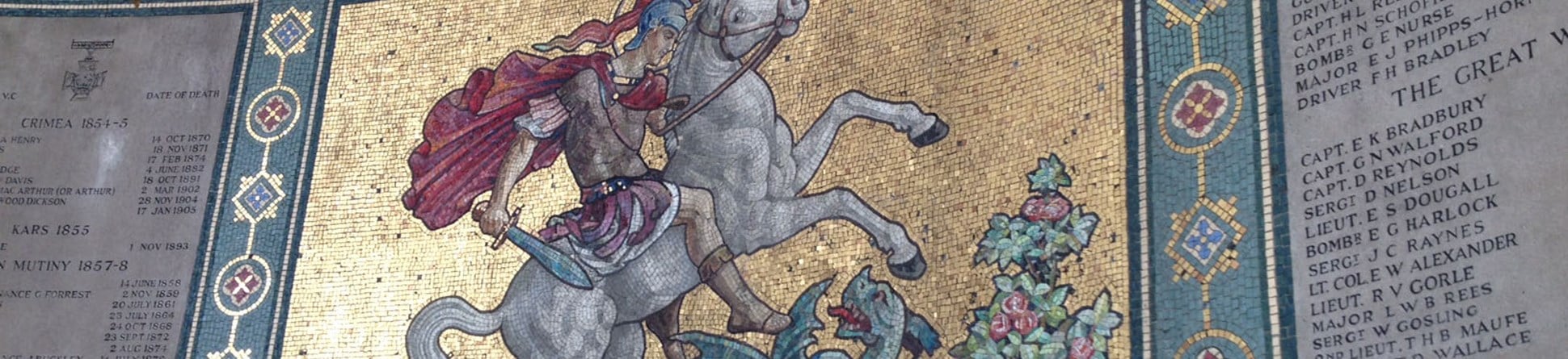 Mosaic of St George on a white horse slaying a dragon
