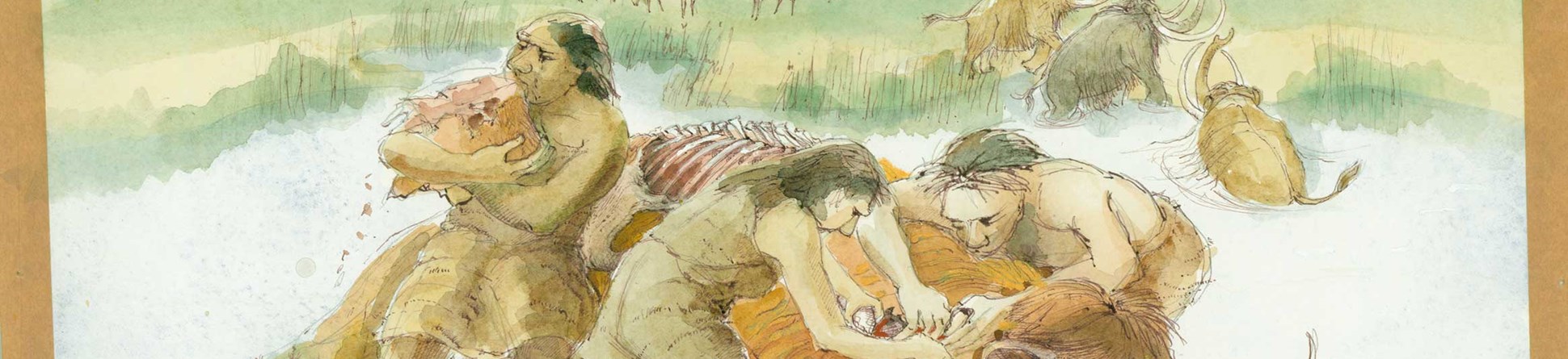 A reconstruction drawing of a group of Neanderthals butchering a mammoth