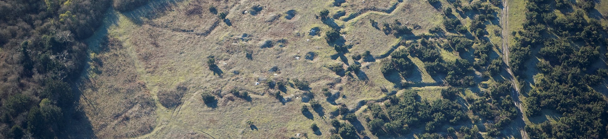 The earthwork patterns of practice trenches, Beacon Hill, Wiltshire, during the war the countryside became increasingly militarised as land was acquired for training areas, camps, airfields, and factories.