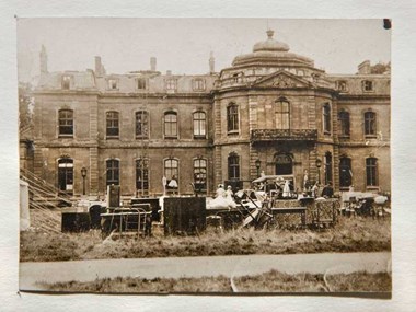 Wrest Park, near Luton, Bedfordshire. Wrest Park after a devastating fire which broke out on 14 September 1916. All the patients were safely evacuated to nearby Woburn Abbey, also transformed into a war hospital. (DP087656) © Private Collection
