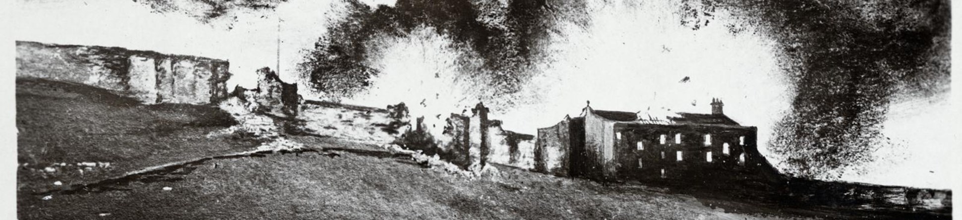 Scarborough Castle, North Yorkshire, a reconstruction of the bombardment shows shells hitting the castle curtain wall and the old barrack block. No photographs are known to survive of the bombardment as it took place but reconstructions like this designed for a postcard convey the drama of the event.