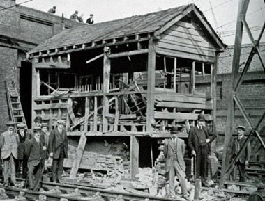 Signal box, Streatham Common station, London, 1916. The ruined Streatham Common signal box destroyed by bombs dropped from Zeppelin L.31 during an air raid on 23/24 September 1916. Pratt 1921 'British Railways in the Great War'