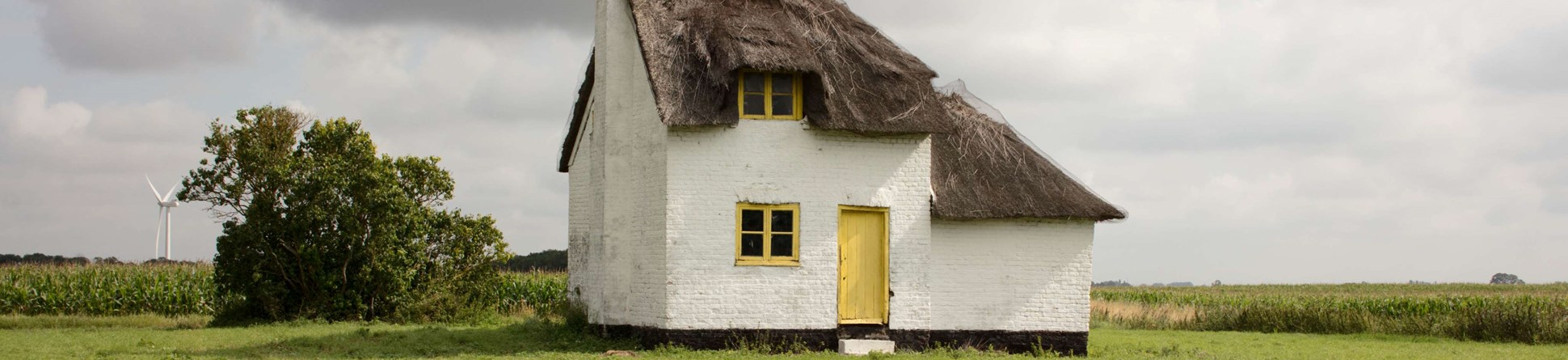 View of small white cottage with thatched roof and yellow doors in a field with no path or road leading to it.