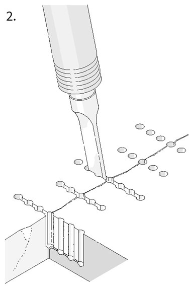 Image 2 of 6: Diagram of a chisel joining a series of drilled holes in a cracked block of metal.