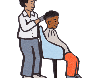 Illustration of a young man in barber chair with hair short on sides and longer on top, barber behind him combing hair.