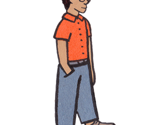 Illustration of a waiter, walking in an orange shirt, smart with glasses.