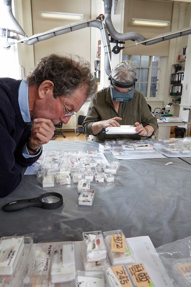 Specialists working on the helmet fragments. Courtesy of Birmingham Museums Trust