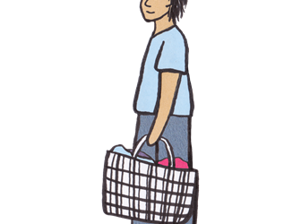 Illustration of a young man carrying laundry bag.
