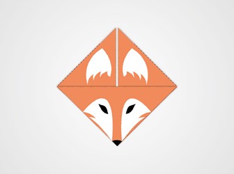 An origami fox with ears in the top two segments of the triangle and eyes and nose in the bottom half.