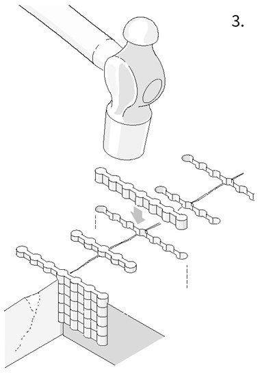 Image 3 of 6: Diagram of a hammer driving metal stitches into the linked holes in a cracked metal block.
