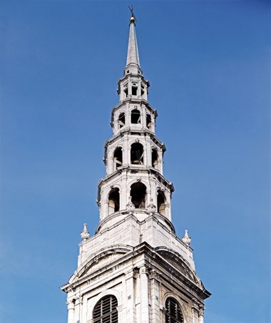 The steeple of the Church of St Bride, Fleet Street, City of London