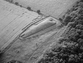 An aerial photograph of a trapezoid long barrow. Both ends of the barrow have recesses, one wide, the other narrow. It is enclosed by a stone wall.