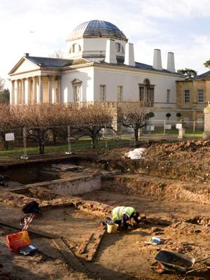Excavation site in the gardens of Chiswick House which is in the background