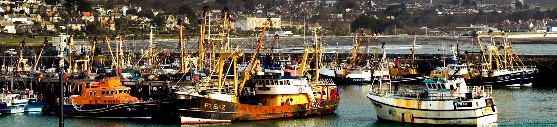 Image of colourful fishing boats anchored at Newlyn harbour, Cornwall.