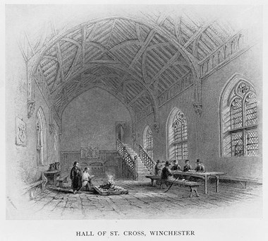 A drawing of people eating in the infirmary hall of St Cross, Winchester.