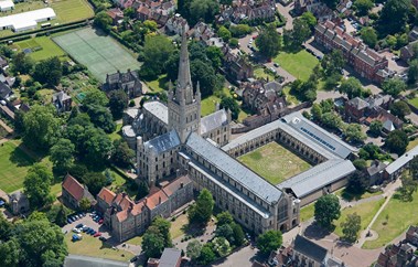 Aerial view of Norwich Cathedral and surrounds