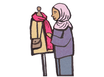 Illustration of a woman looking at clothes on a mannequin.